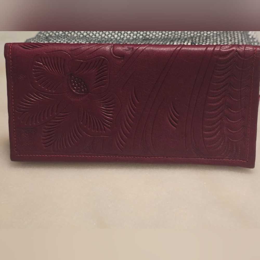 JL Salvador Embossed Leather Wallet Burgundy Floral Tooled Design